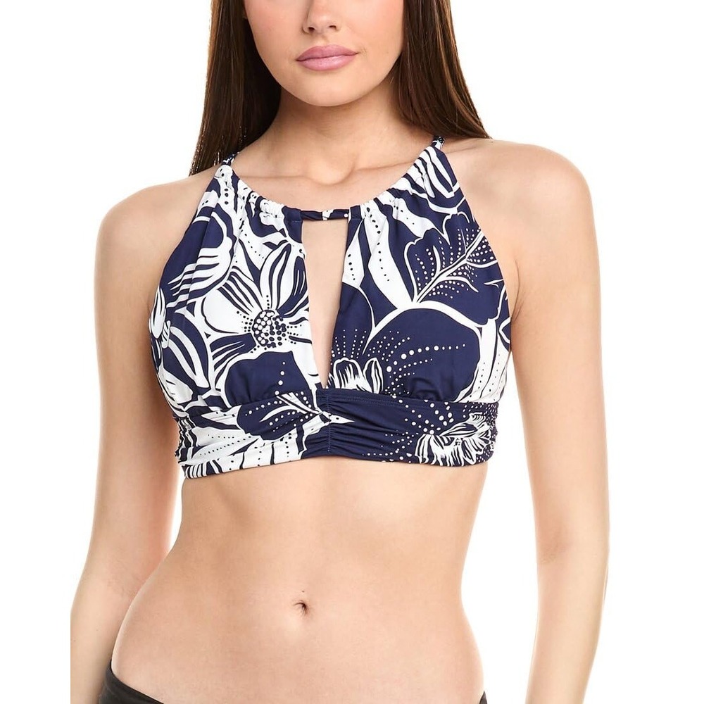 NWT La Blanca High Neck Midkini Swim Top Indigo At The Playa Floral Size 10